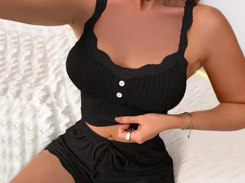 Ribbed Lace-Trimmed Pajama Set – GH₵100 Each